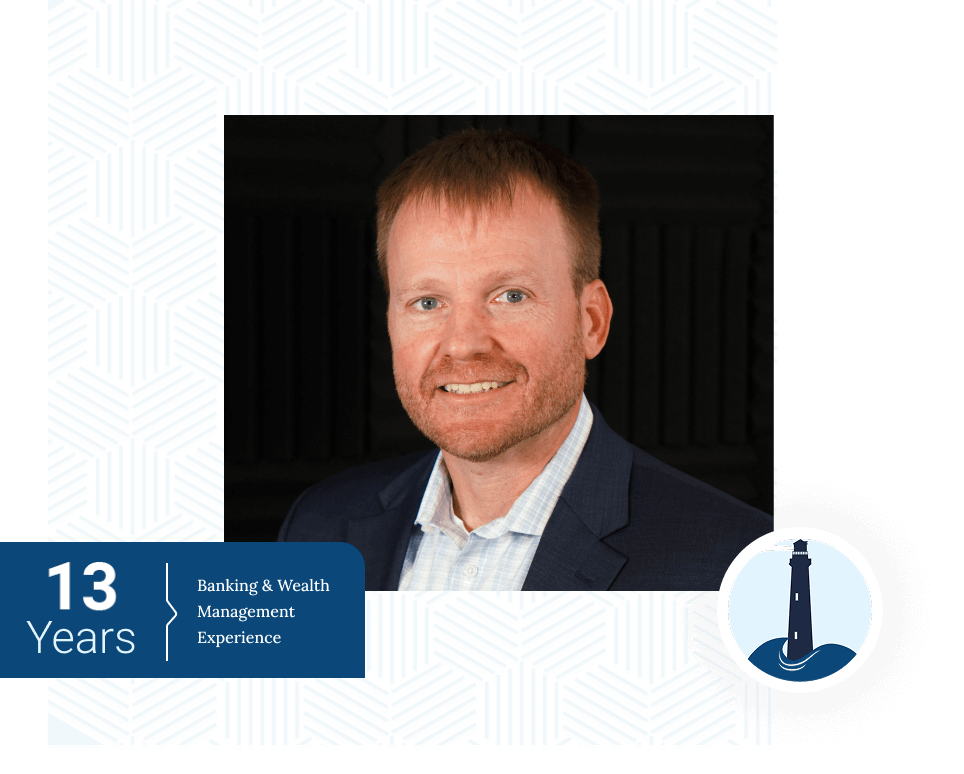 Professional headshot of a Chris Kelly, overlaid with a graphic stating "13 Years Banking & Wealth Management Experience."