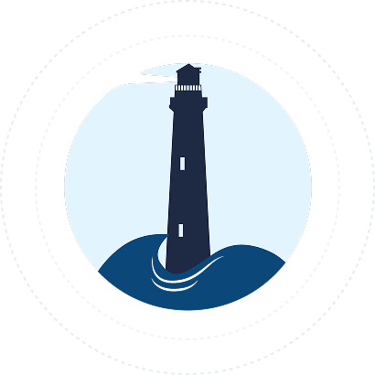 Circular logo featuring a dark blue lighthouse standing on stylized ocean waves