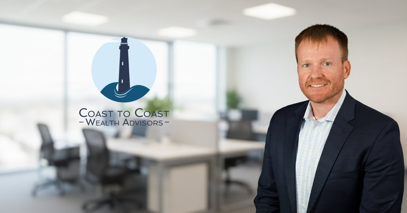 Chris Kelly smiling in a navy suit standing in a modern office. To the left, the "Coast to Coast Wealth Advisors" logo